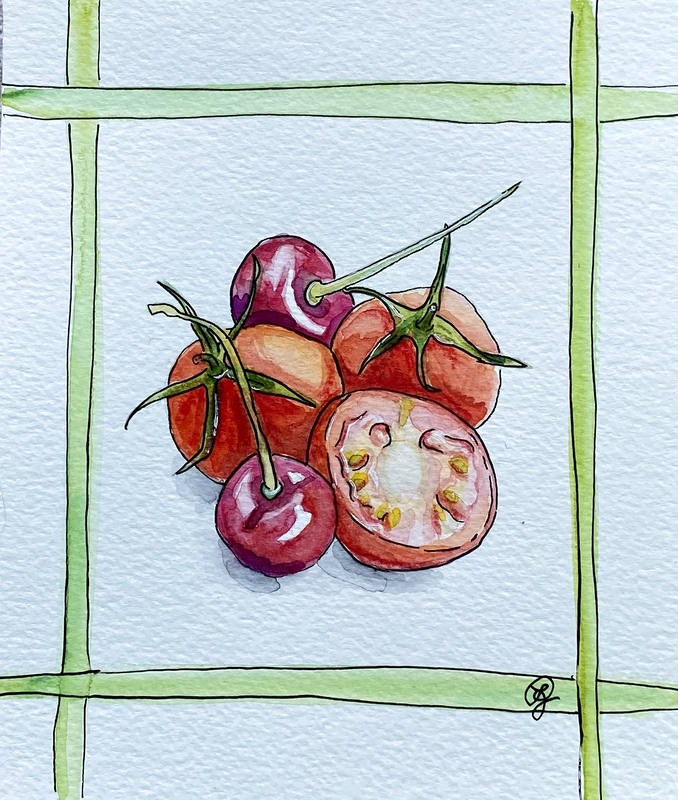 Cherry Tomatoes and Cherry Fruits in watercolor and ink